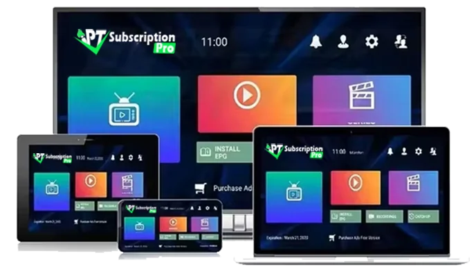 IPTV Smarters Pro displayed on desktop, laptop, tablet, and smartphone devices for seamless streaming