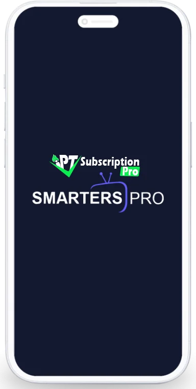 Image showcasing a mobile phone showing iptv smarters pro app installed and iptvsubscriptionpro.com logo