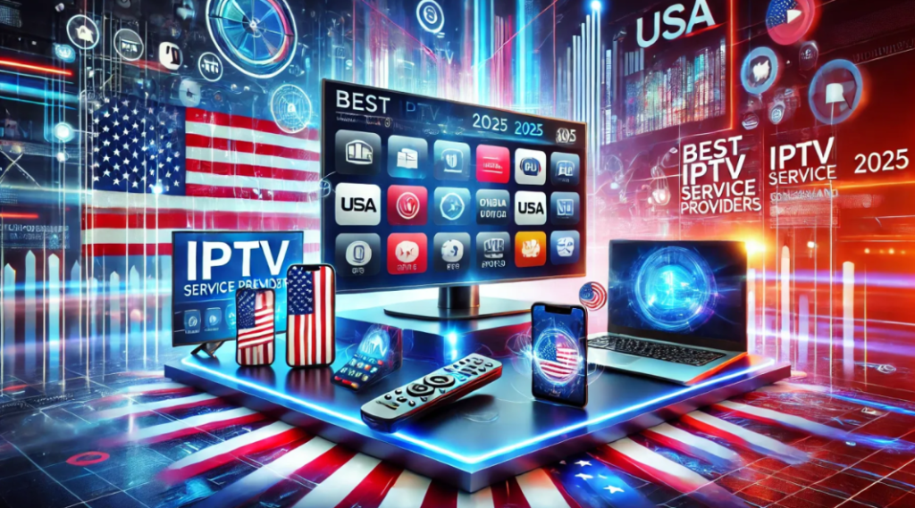 Graphic showing IPTV benefits with icons representing on-demand viewing, multi-device compatibility, affordable pricing, and high-quality streaming, illustrating the convenience and flexibility of IPTV